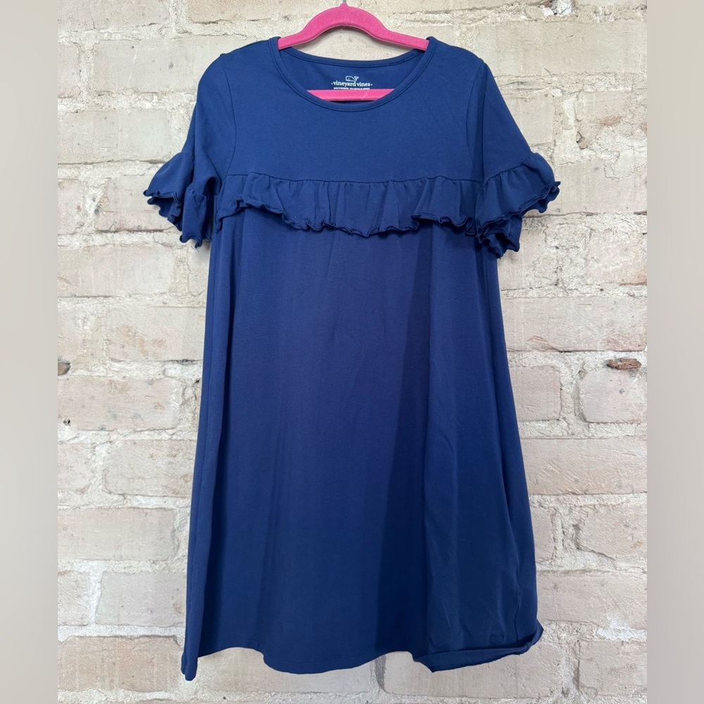 Vineyard Vines Kids Dress in Deep Blue with Ruffle Trim